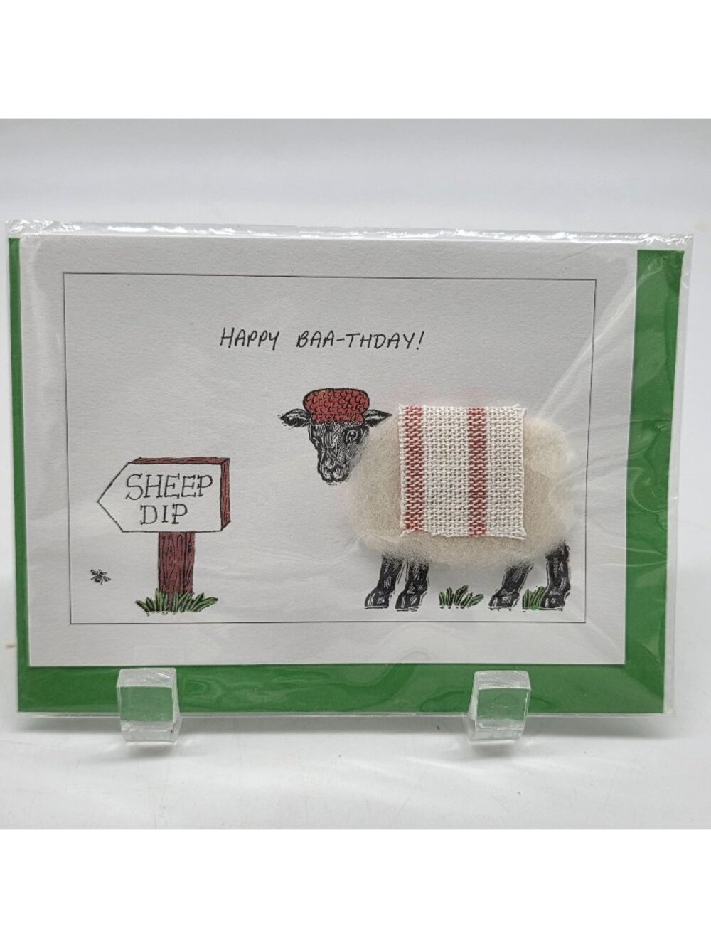 Stationary Greeting Card Happy Baa-Thday Sheep Dip Vanessa Bee With Wool Sheep